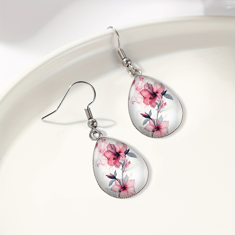 Women's Pink Flower Ink Painting Tear Drop Dangle Earrings